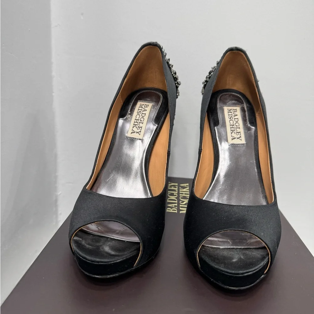 Badgley Mischka Black Satin Peep Toe Heels - Picture 3 of 3